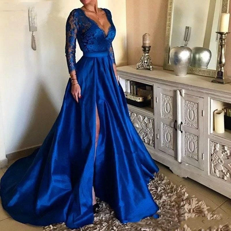 Royal Kék, V-Nyakú Csipke Hosszú Prom Ruha, Magas, Osztott Hosszú Ujjú Szatén Estélyi Ruhák Plus Size 2020 Vestidos De Festa Kép 0